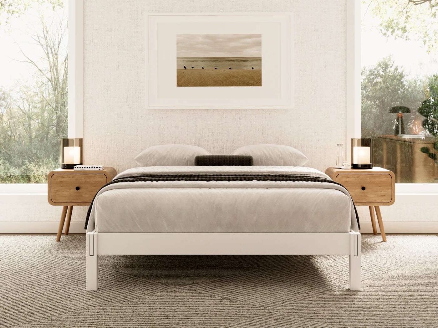 A rendered image of the Madison Bed Frame in white in a bedroom scene