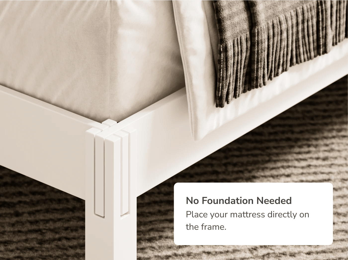 A rendered image of the Madison Bed Frame with a callout that it replaces your foundation or box spring