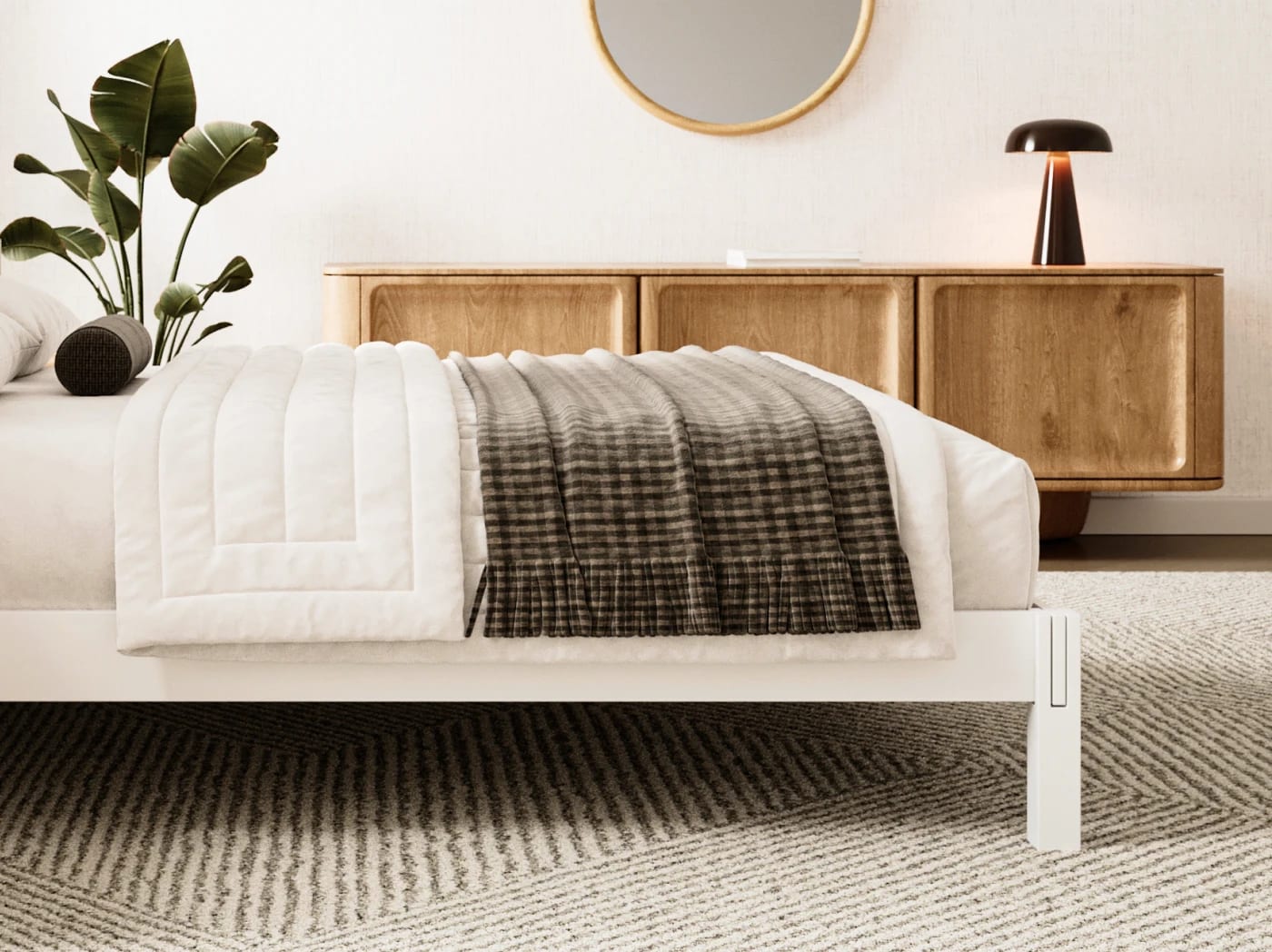 A rendered image of the Madison Bed Frame in white in a bedroom scene