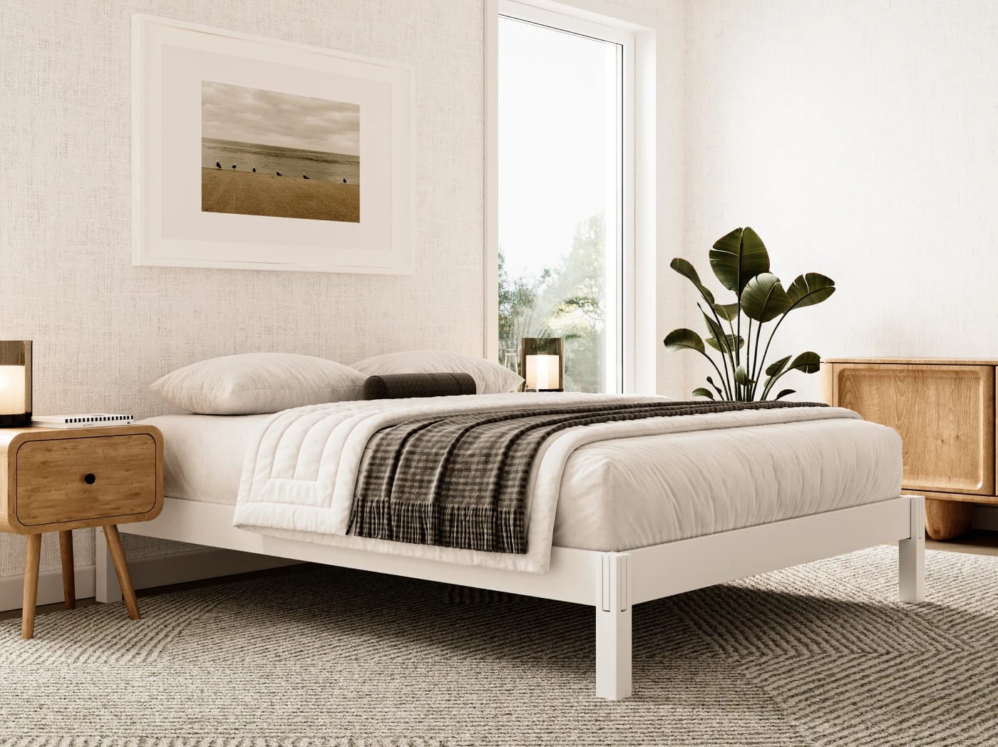 A rendered image of the Madison Bed Frame in Natural in a bedroom scene