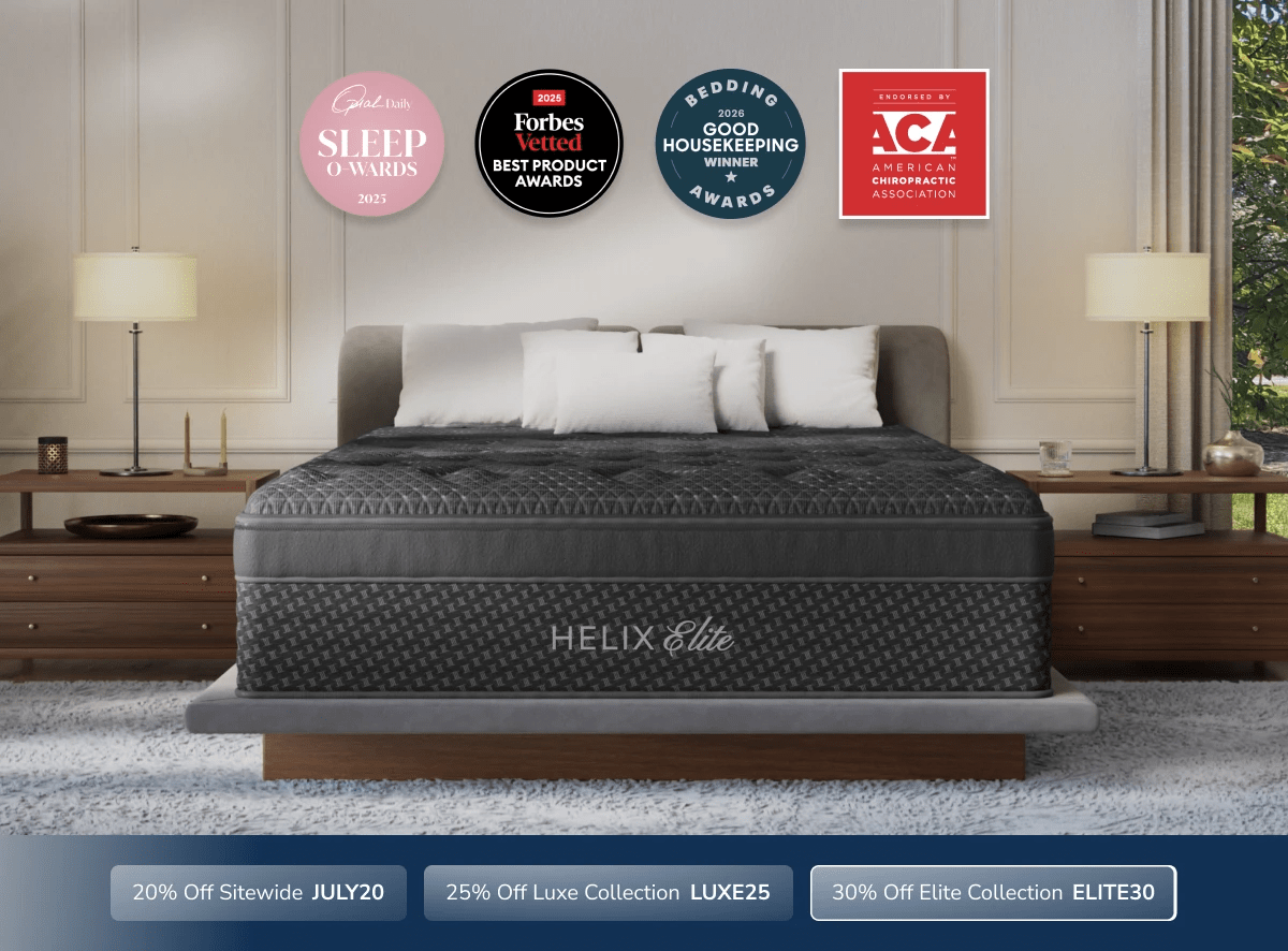An image of the Helix Elite mattress with a callout to save 30% on Elite mattresses with code ELITE30