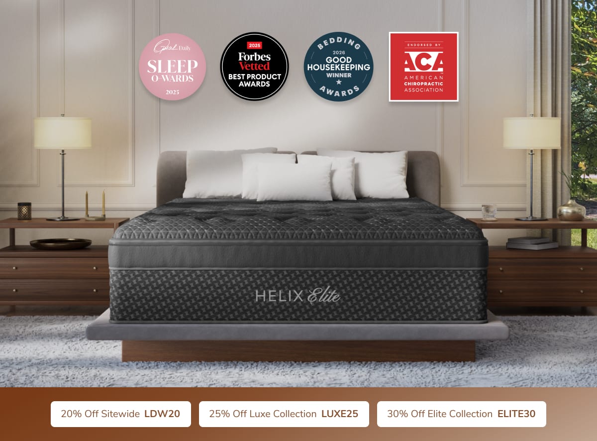 A rendered image of the Helix Elite mattress with a callout to save 30% on Elite mattresses with code ELITE30