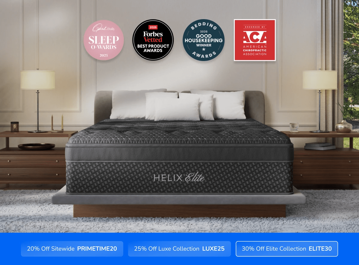 A rendered image of the Helix Elite mattress with a callout to save 30% on your mattress using code ELITE30