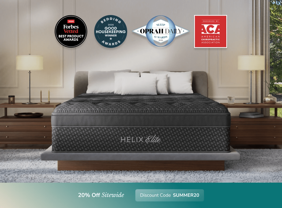 An image of the Helix Luxe mattress in a bedroom scene with a callout to 20% off your order using code SUMMER20