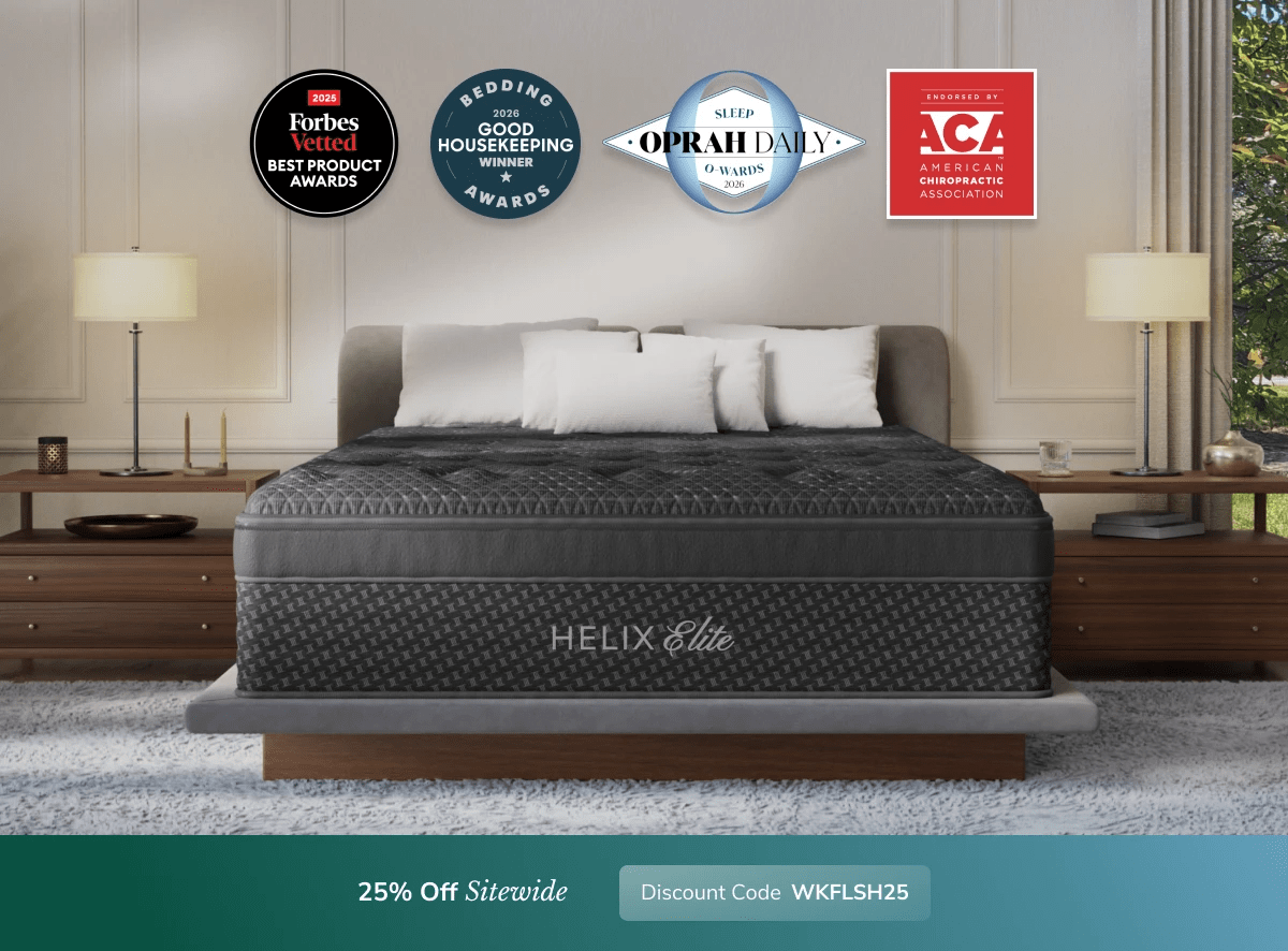 A rendered image of a Helix Elite mattress showing you can get 25% off your order using code WKFLSH25