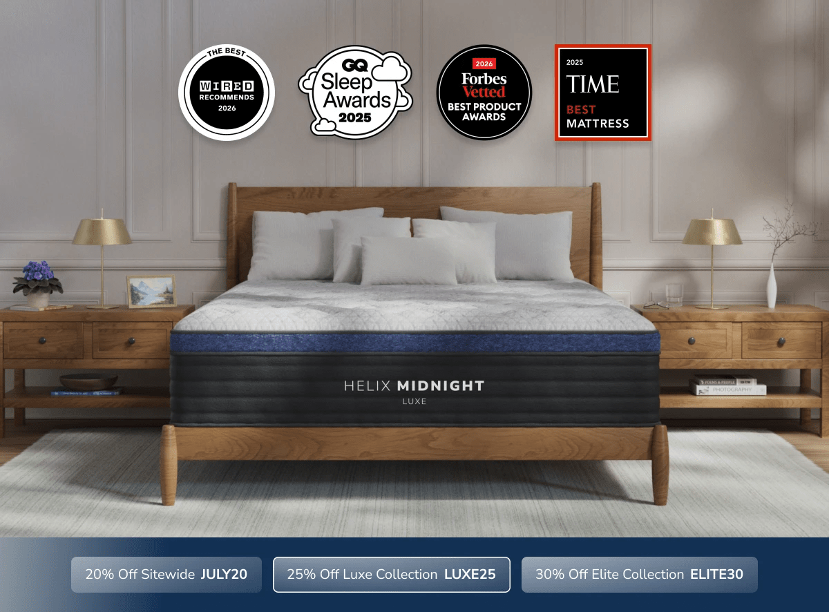 An image of the Helix Luxe mattress with a callout to save 25% on Luxe mattresses using code LUXE25