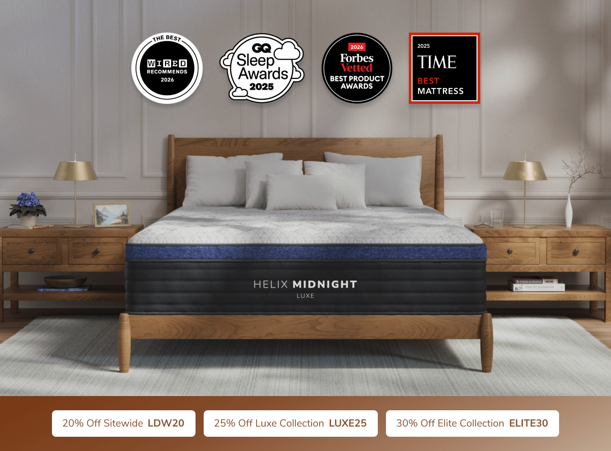 A rendered image of the Helix Luxe mattress with a callout to save 25% on all Luxe mattresses with code LUXE25