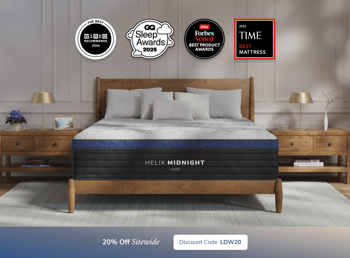 A rendered image of the Helix Luxe mattress with a callout to save 20% sitewide using code LDW20