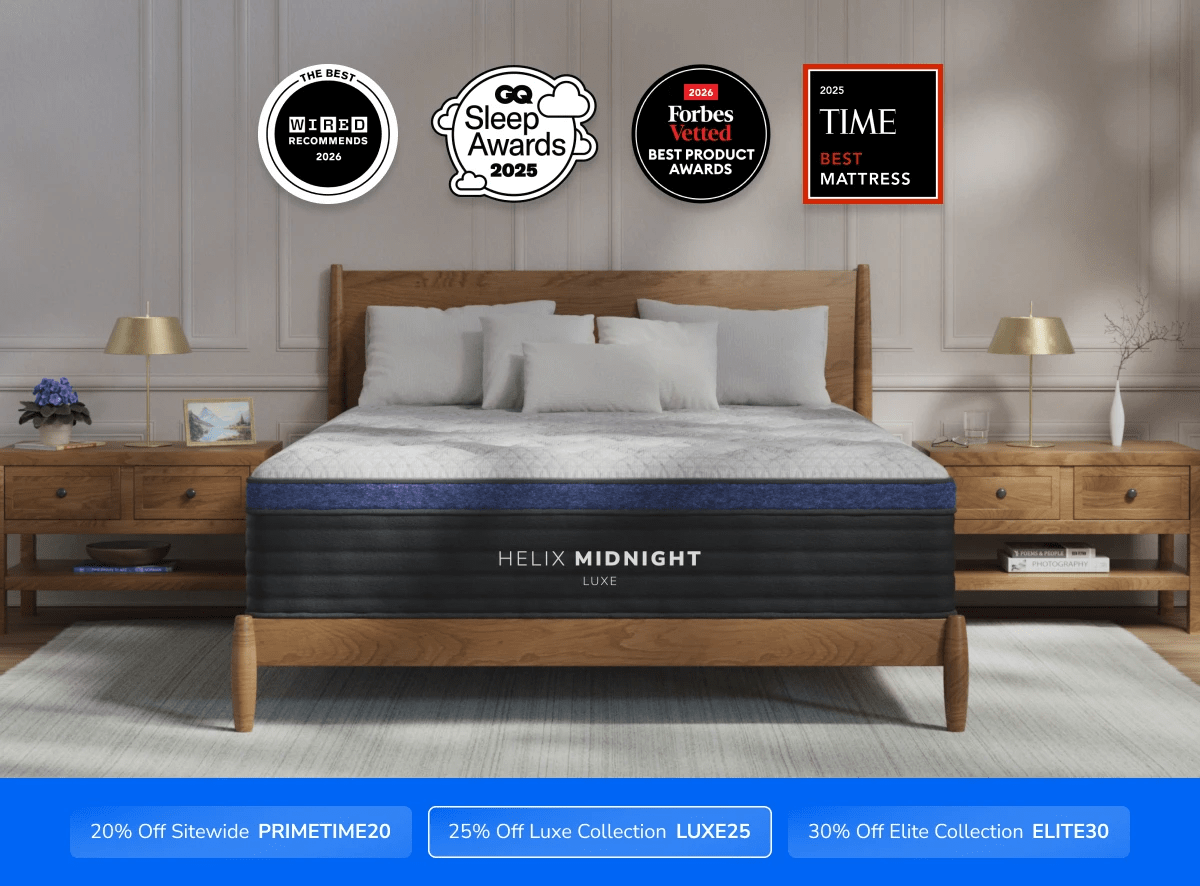 A rendered image of the Helix Luxe mattress with a callout to save 25% on your mattress using code LUXE25
