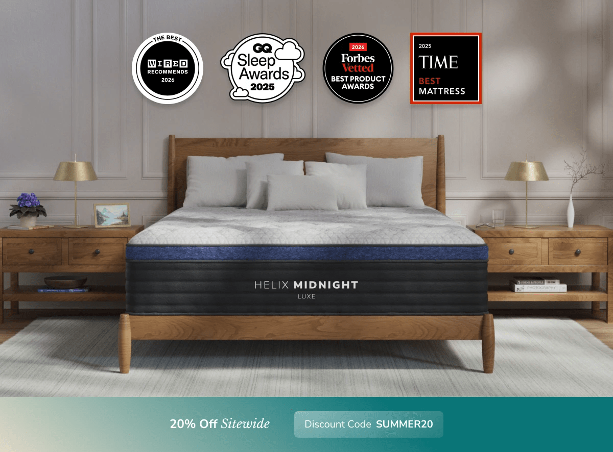 An image of the Helix Luxe mattress in a bedroom scene with a callout to 20% off your order using code SUMMER20