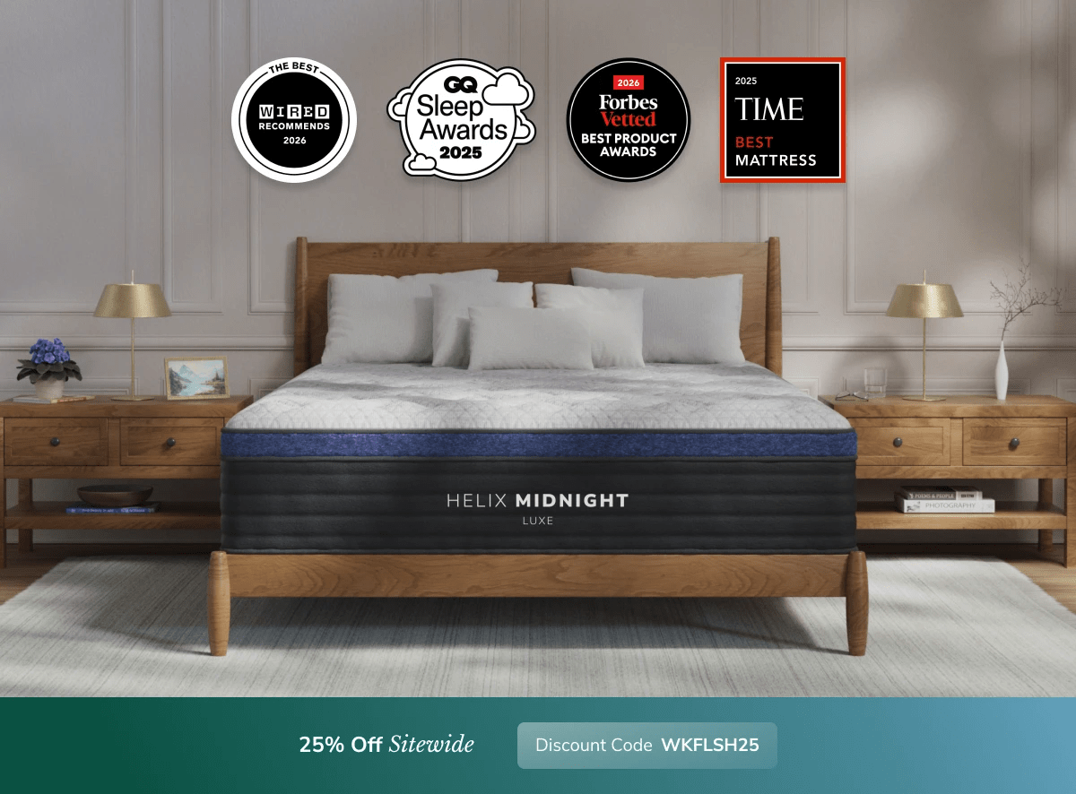 A rendered image of a Helix mattress showing you can get 25% off your order using code WKFLSH