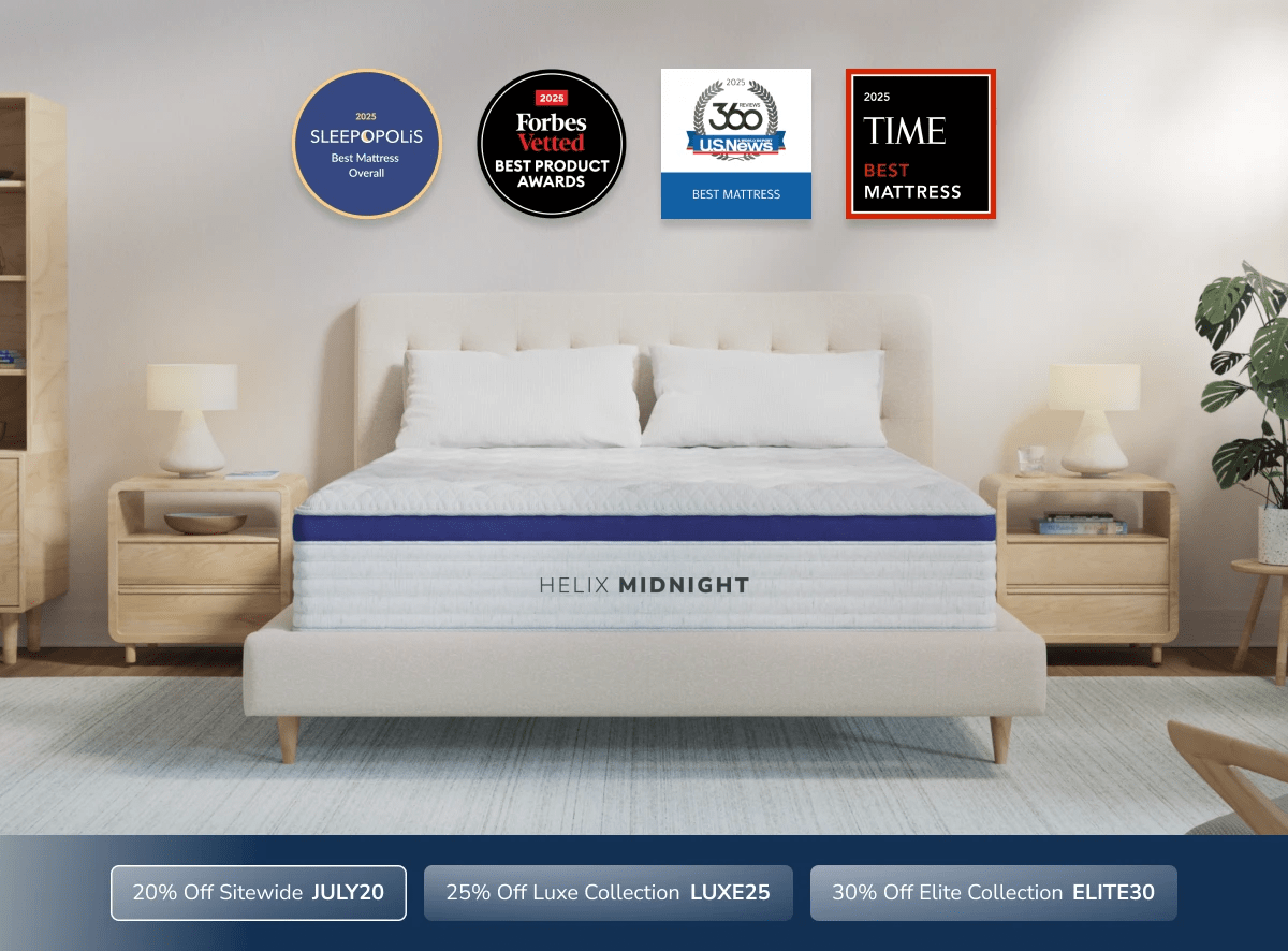 An image of the Helix mattress with a callout to save 20% sitewide using code JULY20