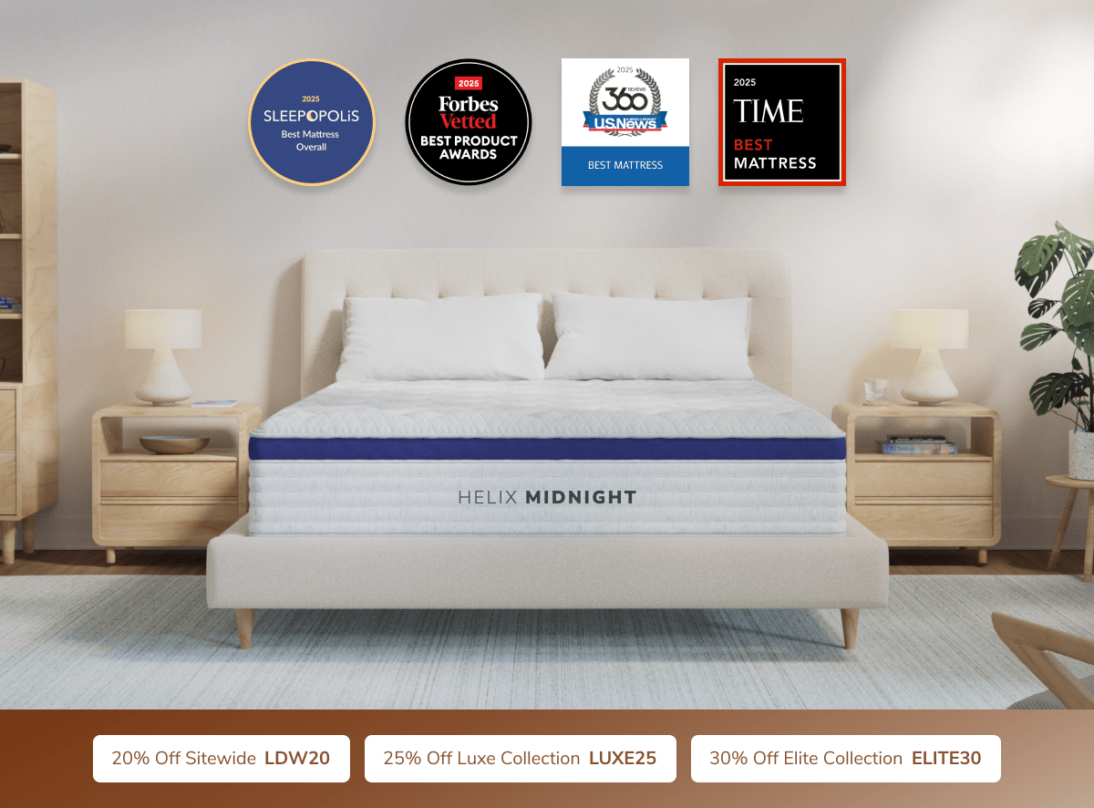 A rendered image of the Helix mattress with a callout to save 20% sitewide with code LDW20