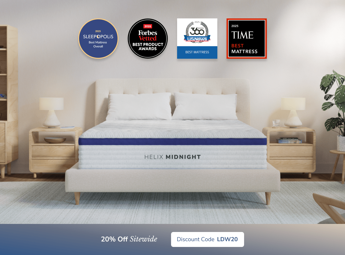 A rendered image of the Helix mattress with a callout to save 20% sitewide using code LDW20