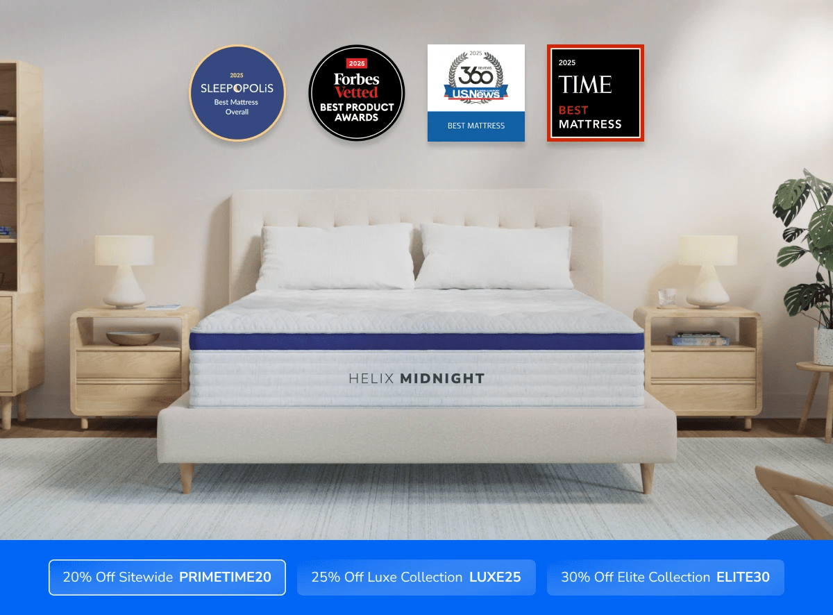 A rendered image of the Helix mattress with a callout to save 20% on your mattress using code PRIMETIME20