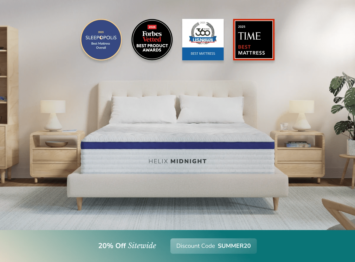 An image of the Helix Luxe mattress in a bedroom scene with a callout to 20% off your order using code SUMMER20