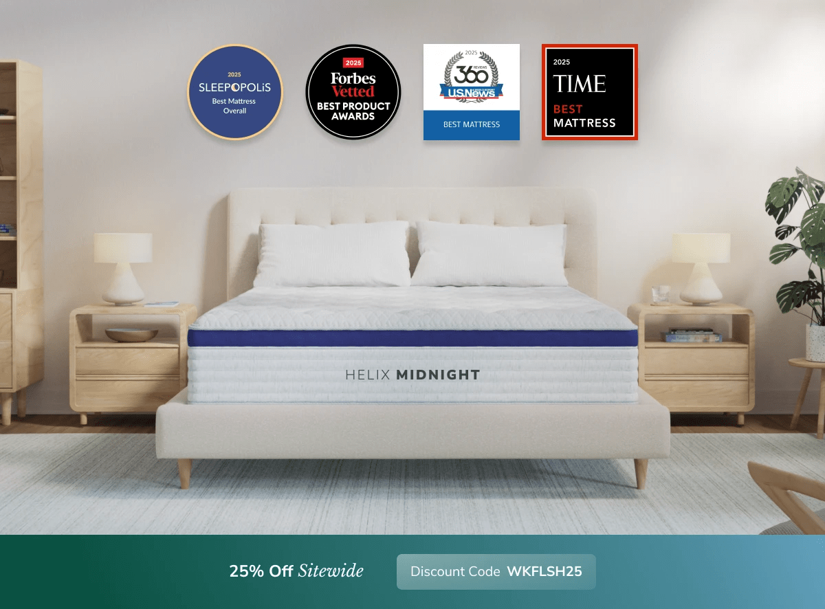 A rendered image of a Helix mattress showing you can get 25% off your order using code WKFLSH25