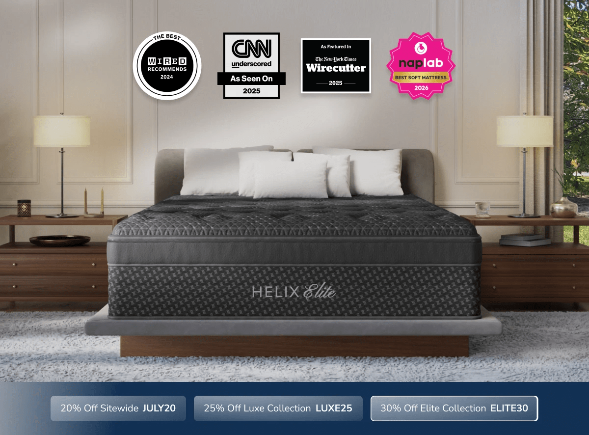 An image of the Helix Elite mattress with a callout to save 30% on Elite mattresses with code ELITE30