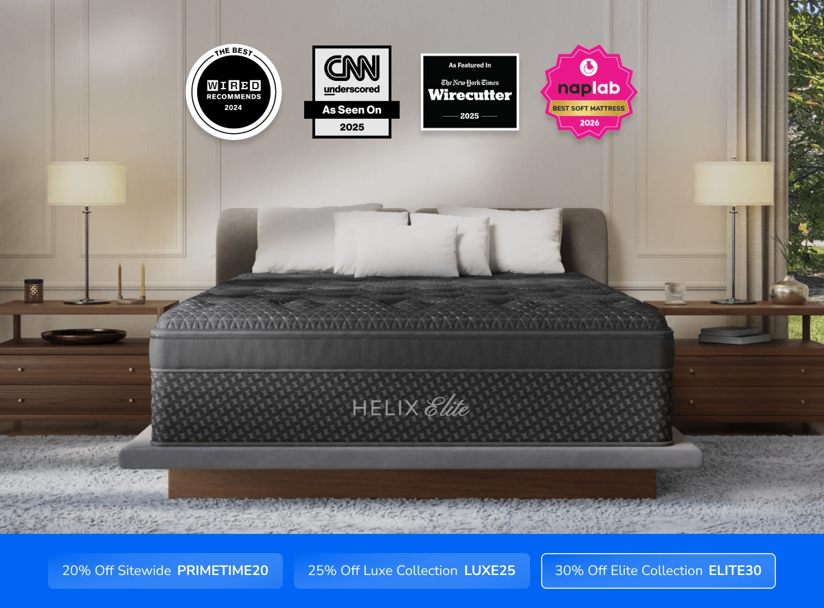 A rendered image of the Helix Elite mattress with a callout to save 30% on your mattress using code ELITE30