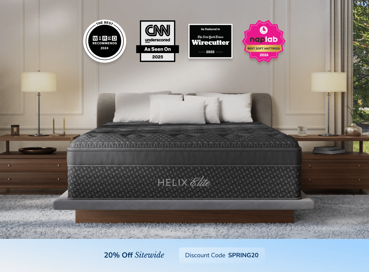A rendered image of a Helix mattress showing you can get 20% off your order using code SPRING20