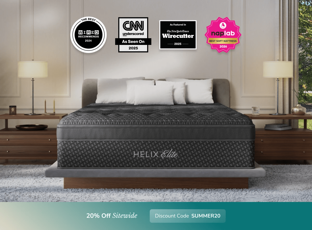 An image of the Helix Luxe mattress in a bedroom scene with a callout to 20% off your order using code SUMMER20