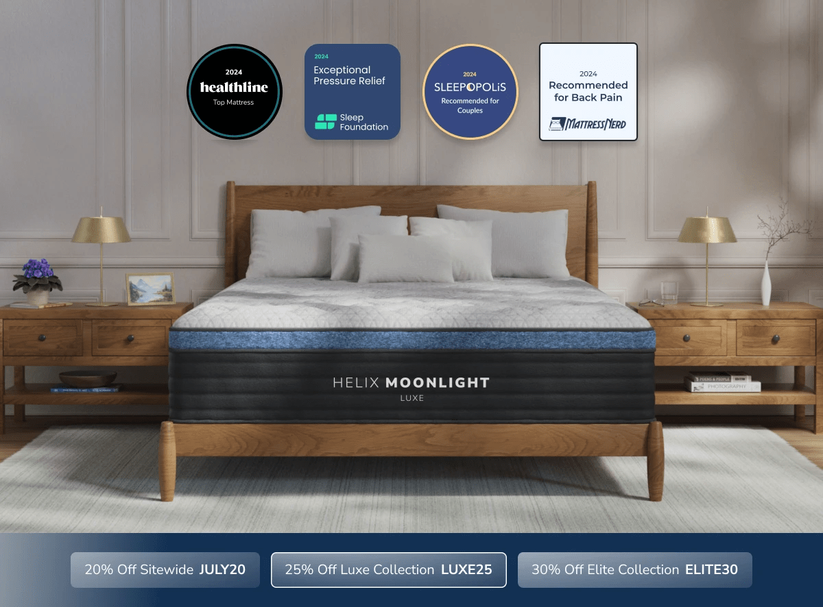 An image of the Helix Luxe mattress with a callout to save 25% on Luxe mattresses using code LUXE25