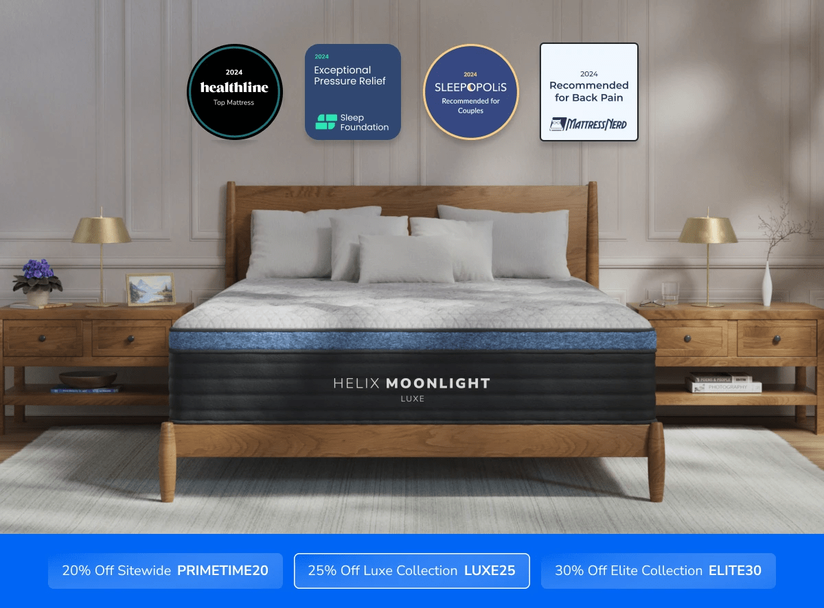 A rendered image of the Helix Luxe mattress with a callout to save 25% on your mattress using code LUXE25