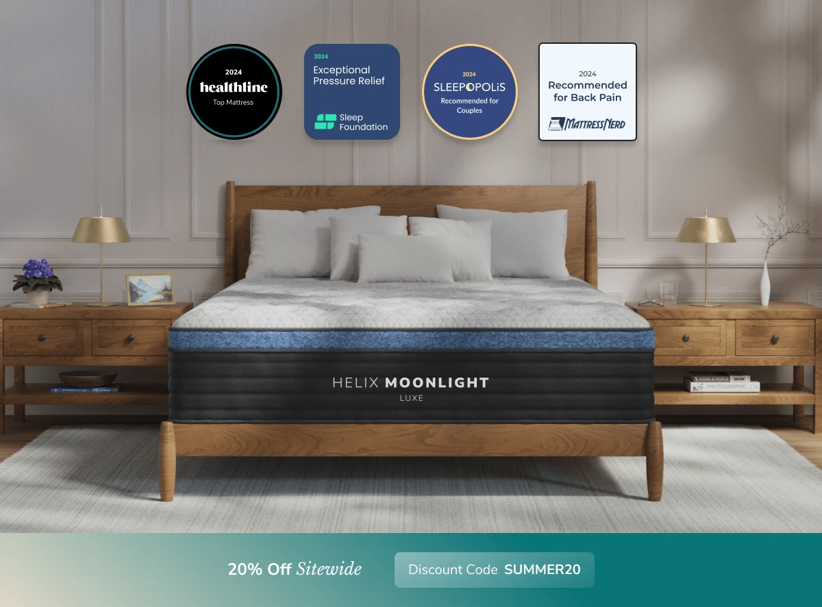 An image of the Helix Luxe mattress in a bedroom scene with a callout to 20% off your order using code SUMMER20