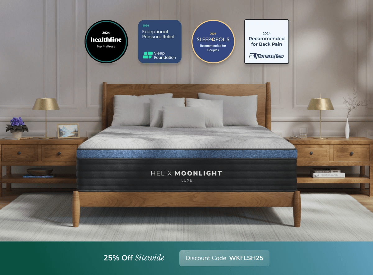 A rendered image of a Helix mattress showing you can get 25% off your order using code WKFLSH