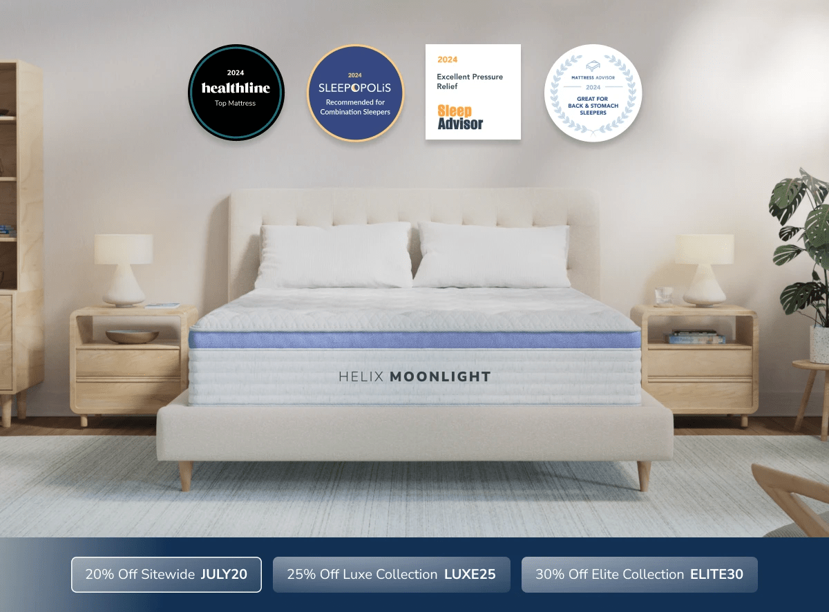 An image of the Helix mattress with a callout to save 20% sitewide using code JULY20