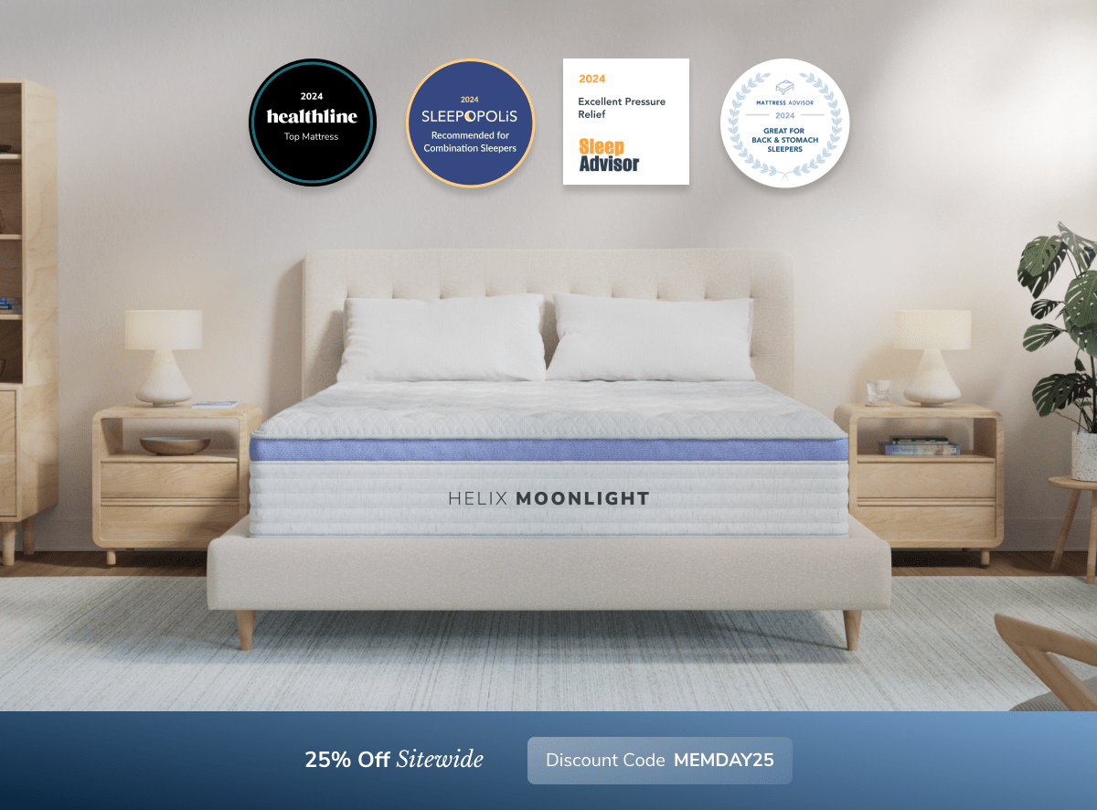 A rendered image showing the Helix mattress with a callout to save 25% sitewide using code MEMDAY25
