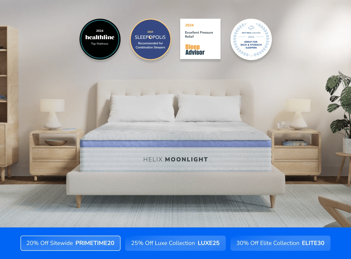 A rendered image of the Helix mattress with a callout to save 20% on your mattress using code PRIMETIME20