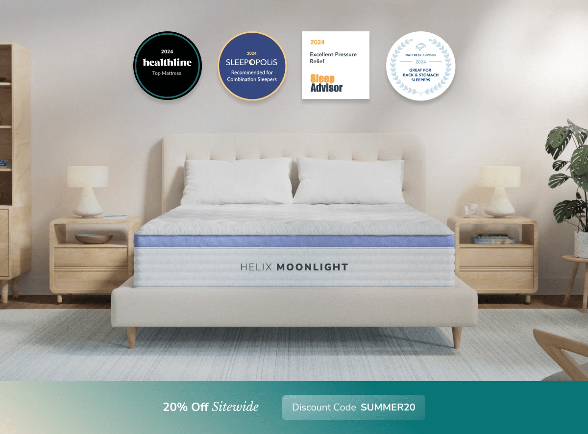 An image of the Helix Luxe mattress in a bedroom scene with a callout to 20% off your order using code SUMMER20