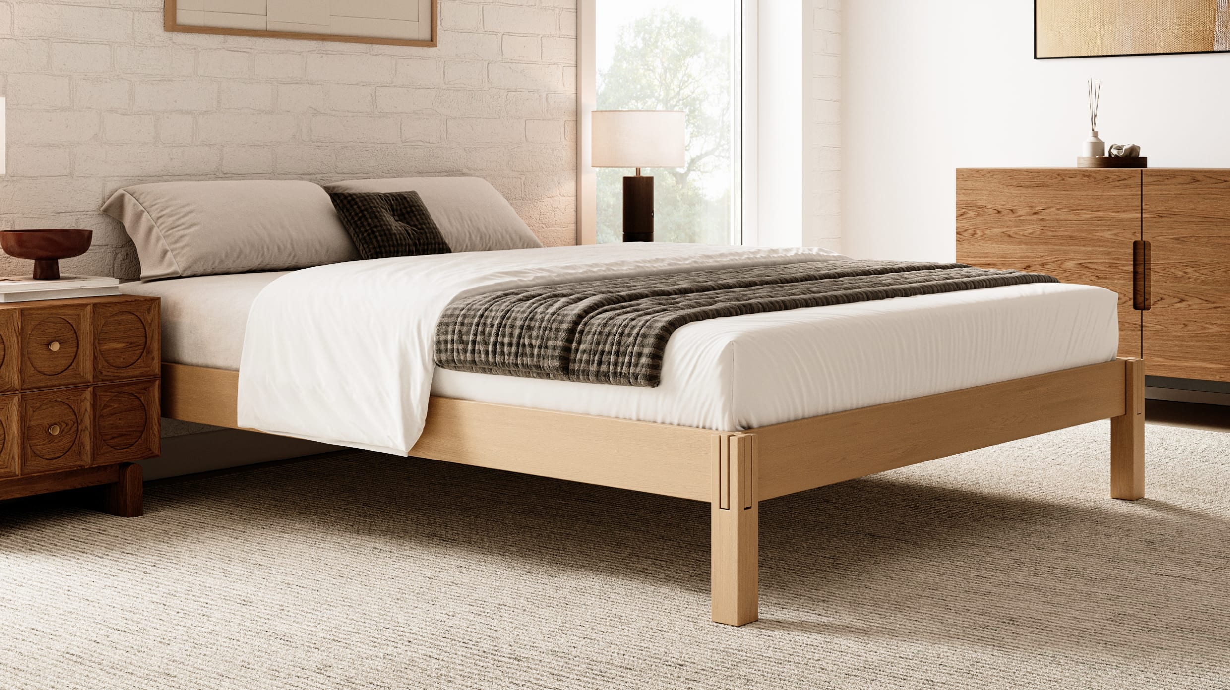 A rendered image showing the Madison Bed Frame in a bedroom scene