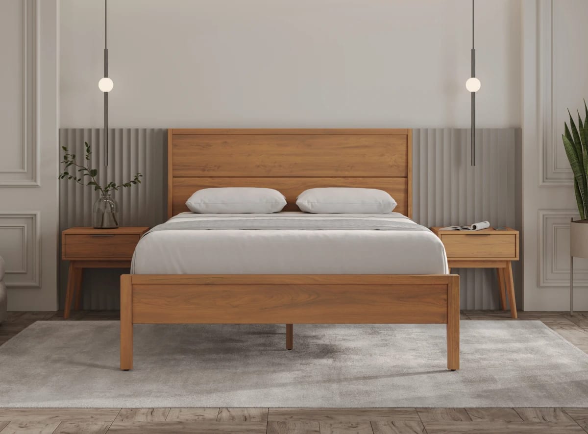 A rendered image of the Ludlow Bed Frame in a bedroom scene