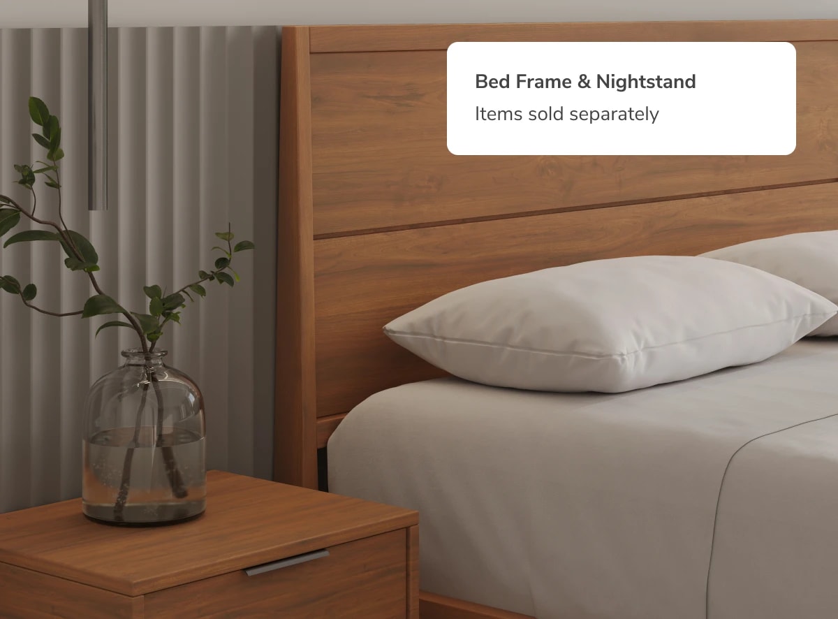A rendered image of the Ludlow Bed Frame with a callout that the Ludlow Bed Frame and Nightstand are sold separately