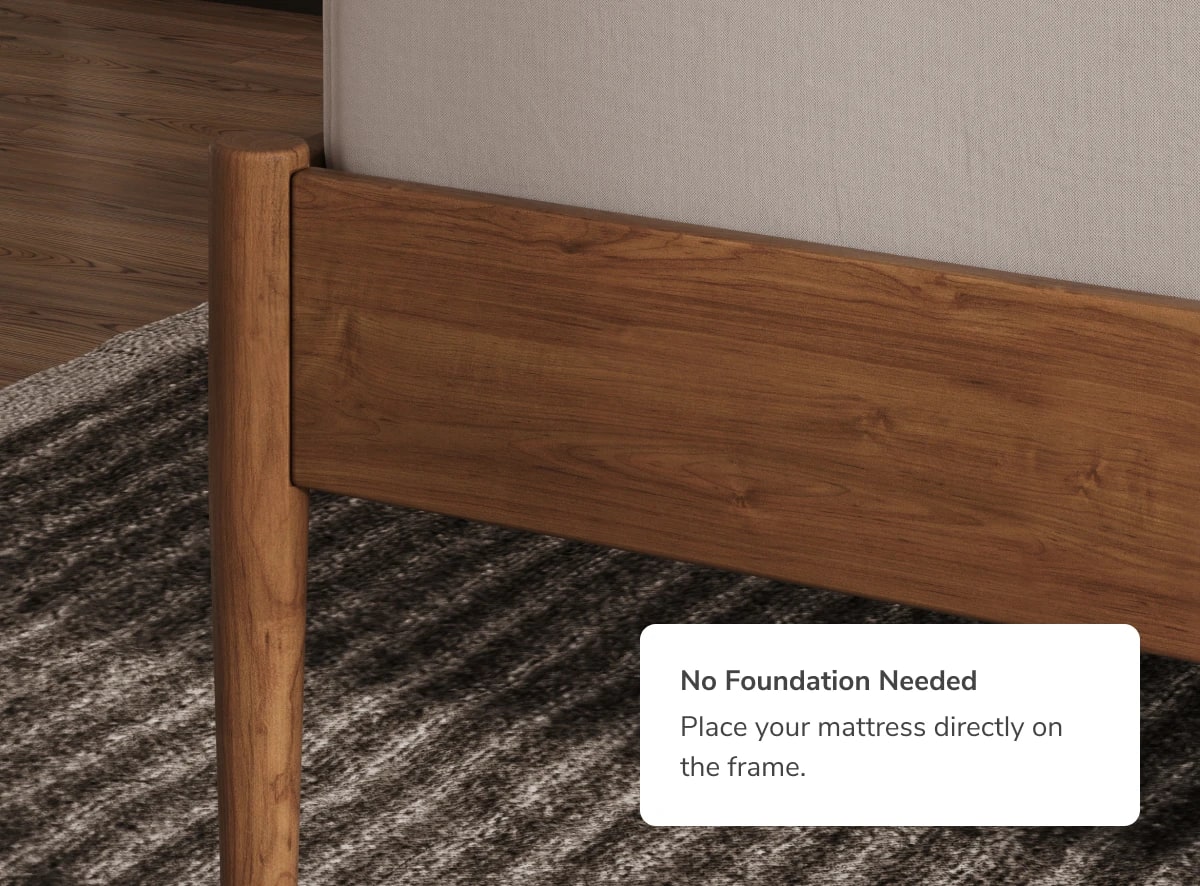 A render of the Waverly Bed Frame in a bedroom scene with a callout that no additional foundation or support is needed with this frame
