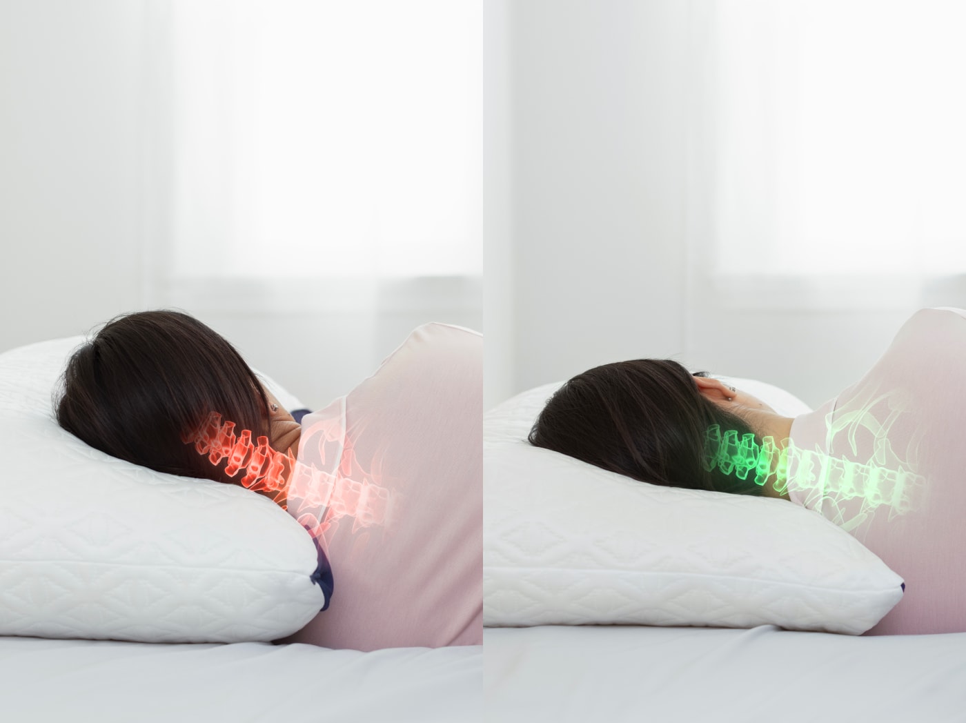 An image with graphics showing a spin that is more in line using the ComfortAdjust Cooling Pillow
