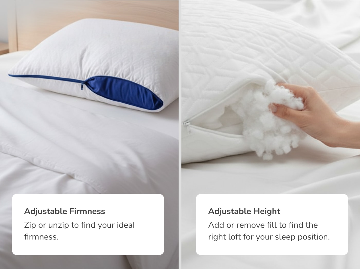 An image with callouts to the adjustable height and adjustable firmness in the comfortadjust pillow