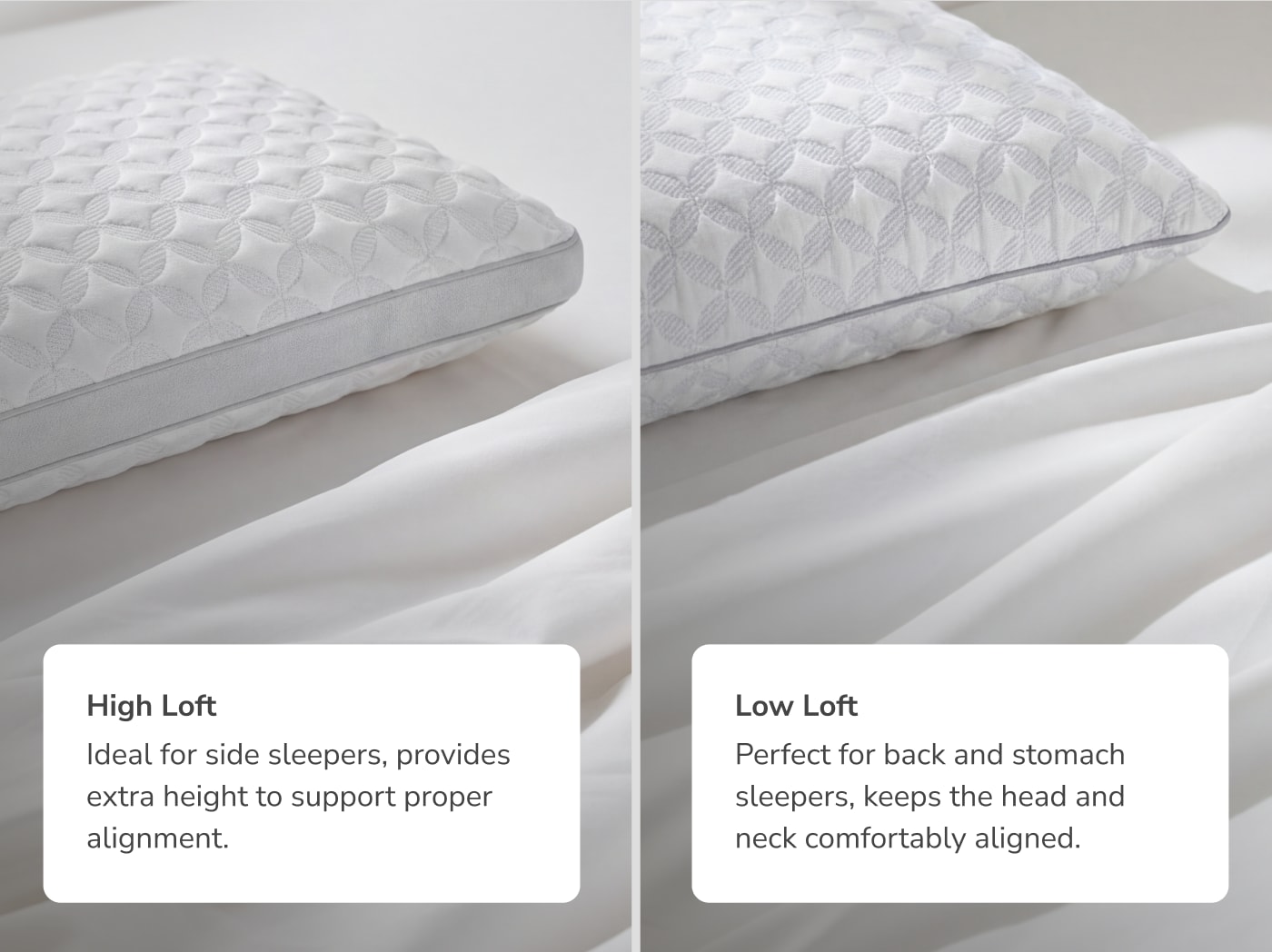 A side by side image of the high and low loft versions of the Talalay Latex Pillow