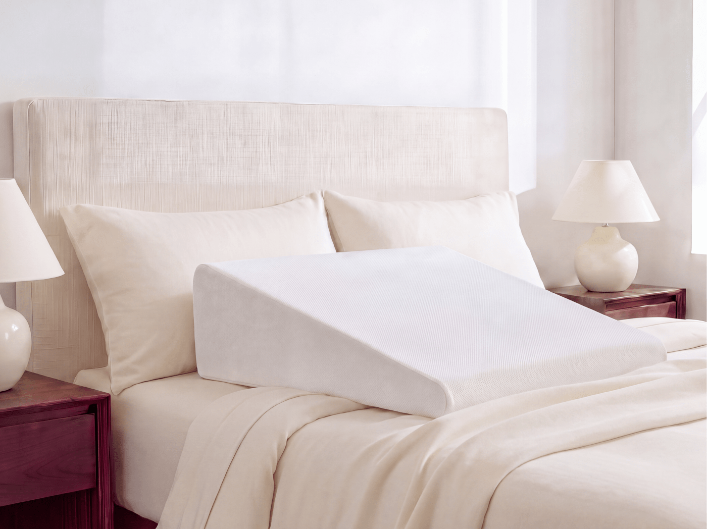 An image of the Wedge Pillow on a bed