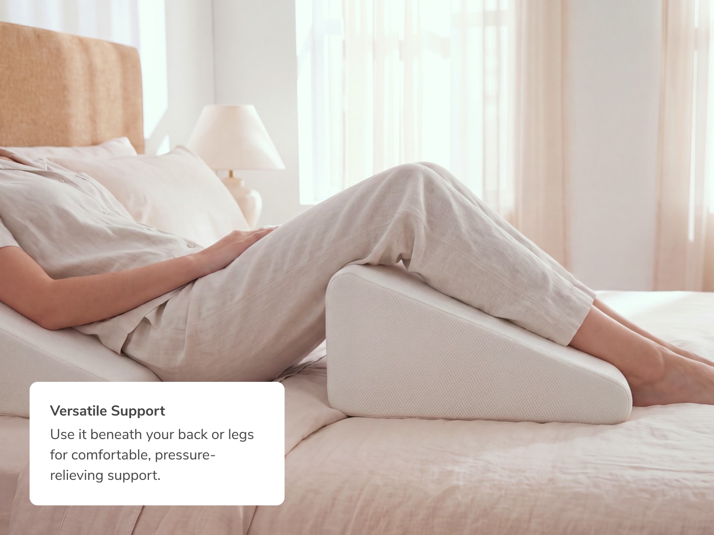 A closeup of the Wedge Pillow with a callout to its versatile support