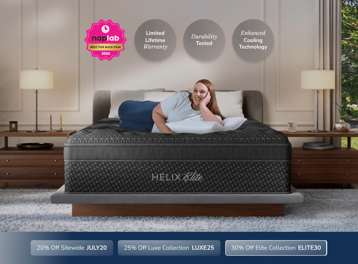 An image of the Helix Elite mattress with a callout to save 30% on Elite mattresses with code ELITE30