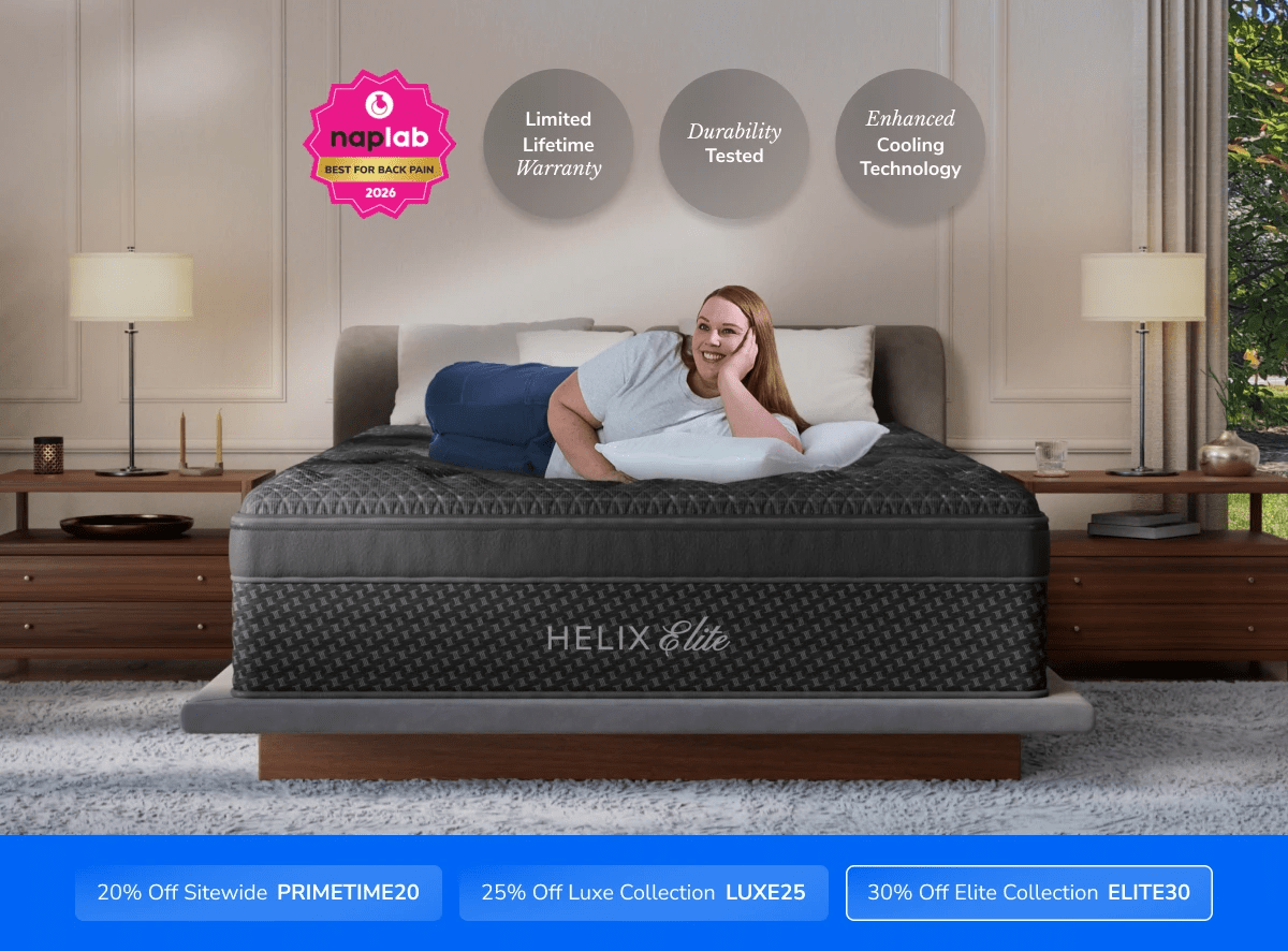 A rendered image of the Helix Elite mattress with a callout to save 30% on your mattress using code ELITE30