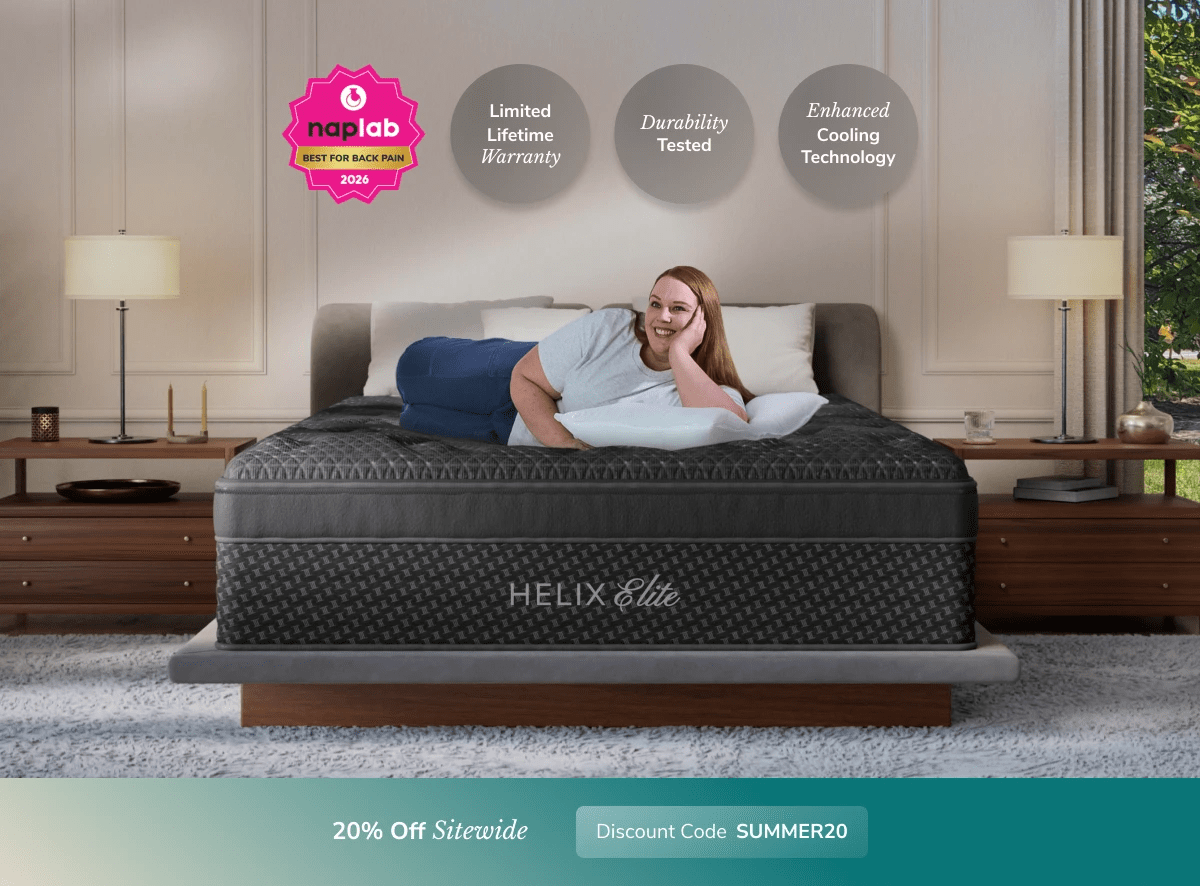 An image of the Helix Luxe mattress in a bedroom scene with a callout to 20% off your order using code SUMMER20