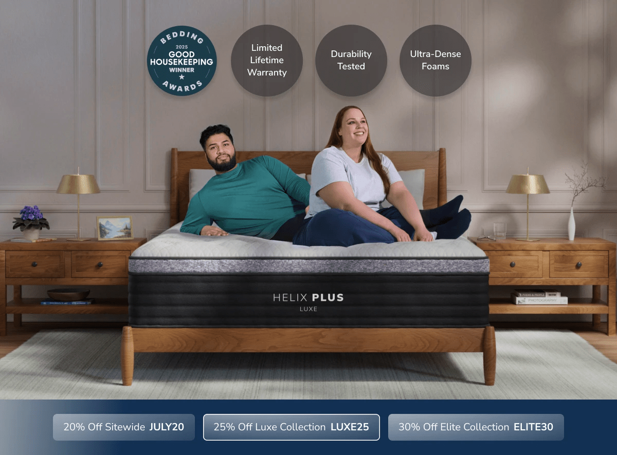 An image of the Helix Luxe mattress with a callout to save 25% on Luxe mattresses using code LUXE25