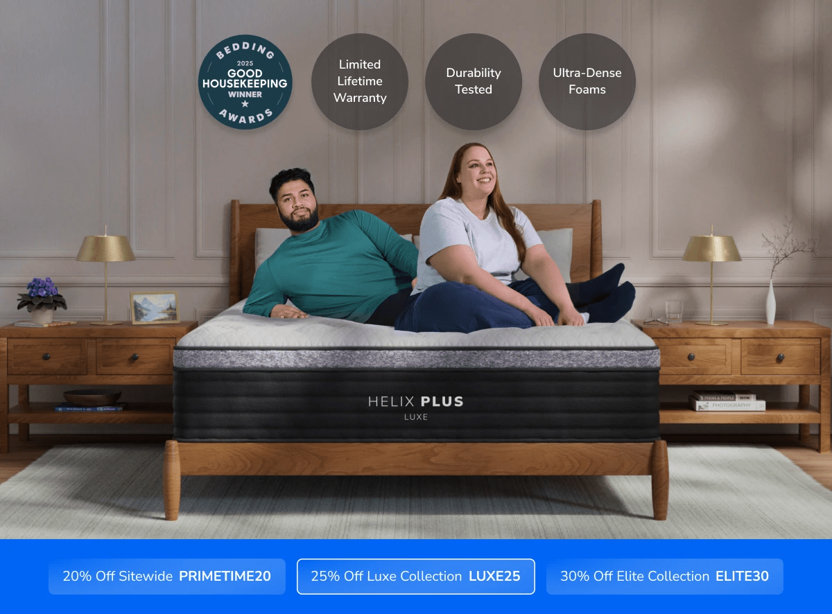 A rendered image of the Helix Luxe mattress with a callout to save 25% on your mattress using code LUXE25