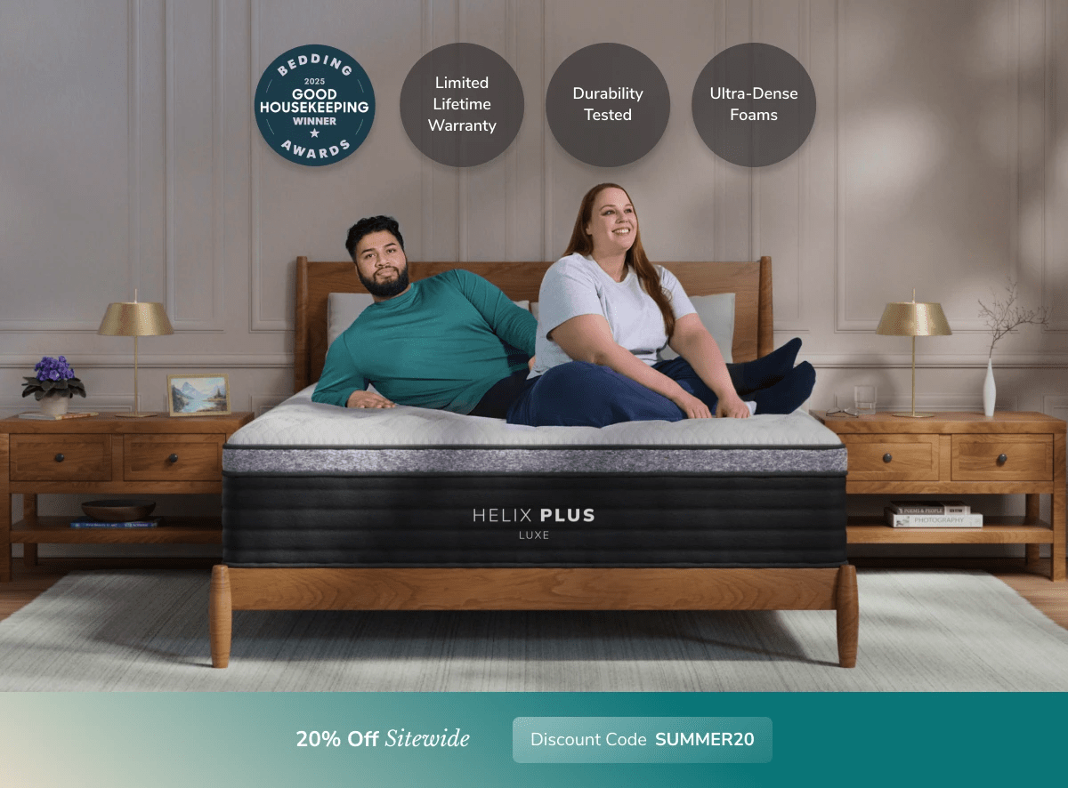 An image of the Helix Luxe mattress in a bedroom scene with a callout to 20% off your order using code SUMMER20