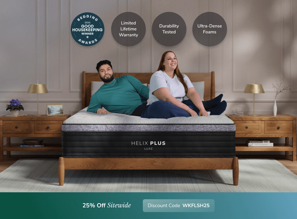 A rendered image of a Helix mattress showing you can get 25% off your order using code WKFLSH