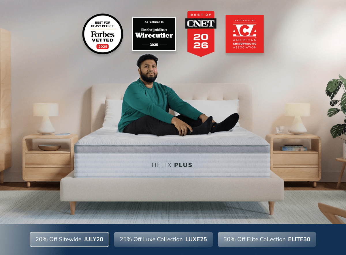 An image of the Helix mattress with a callout to save 20% sitewide using code JULY20